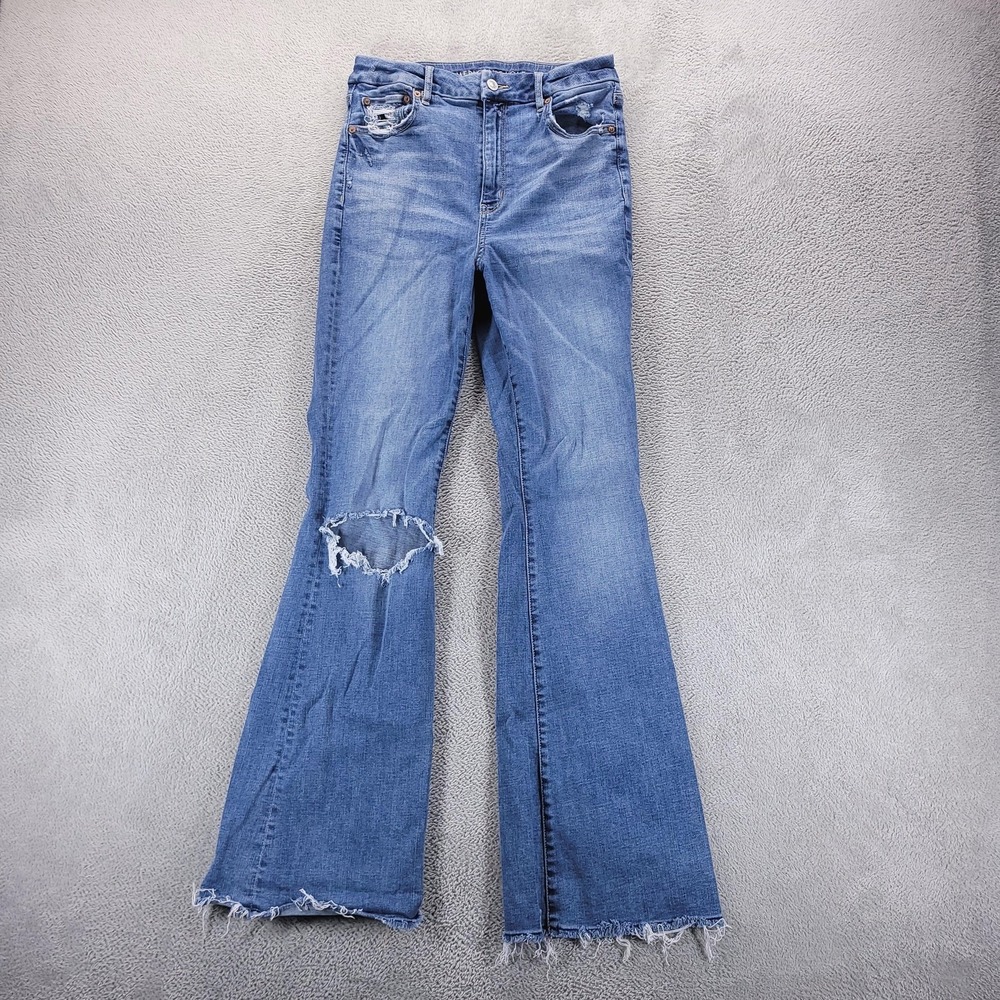 American Eagle Jeans Womens 8 Long Blue Curvy Super High Rise Flare Distressed